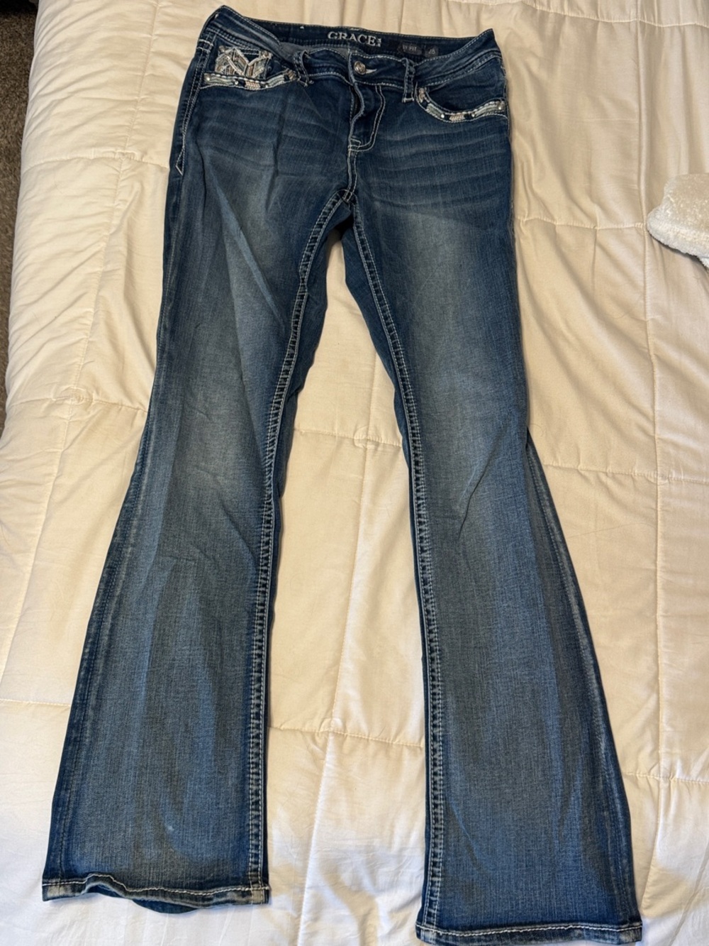 Grace in LA Dark Blue Flared Jeans with Embroidered Pockets